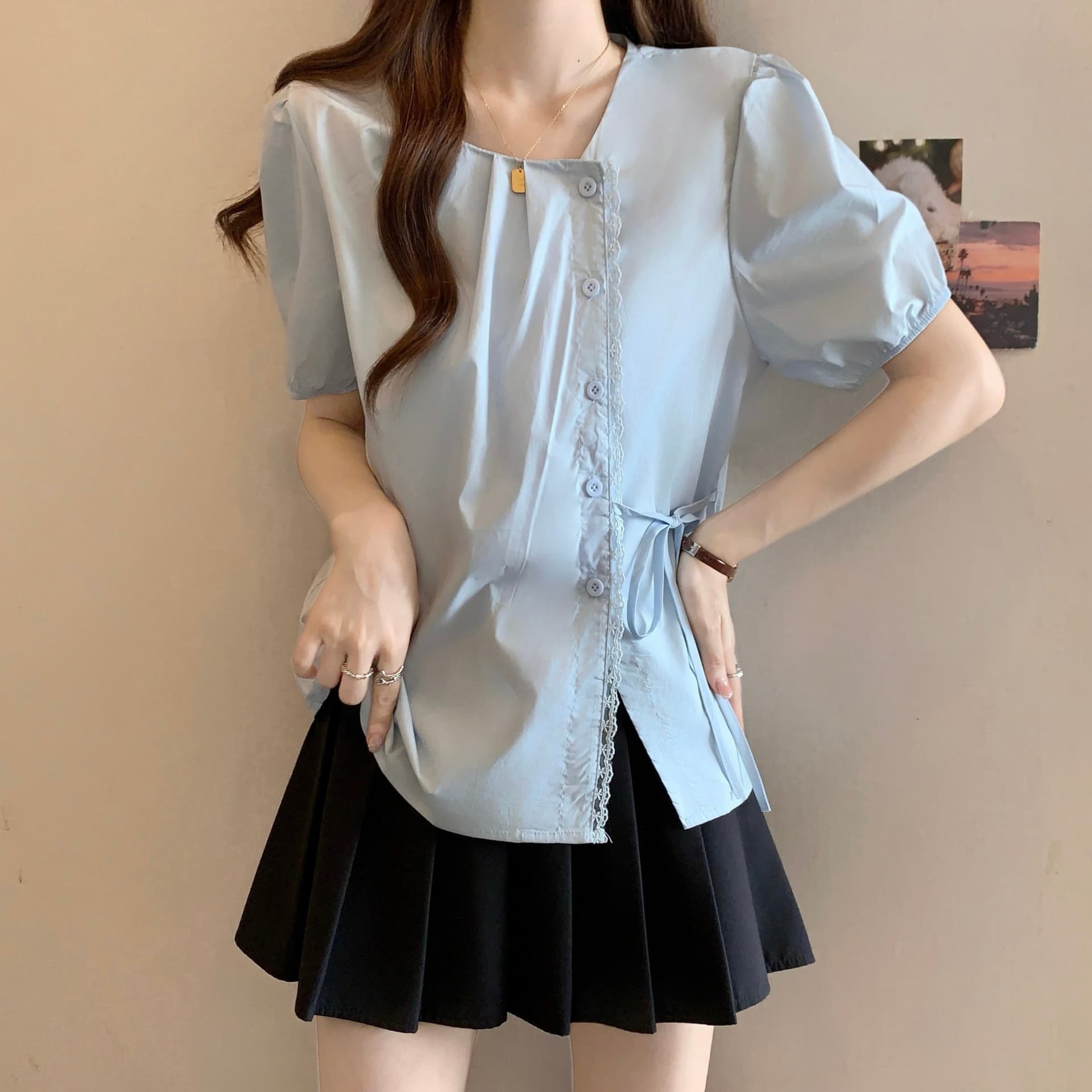 품격 레이스 레이스 패치워크 반팔 여성 셔츠 여름 디자인 센스 작은 대중 Chic 스트랩 허리 수축 맨위 이미지 4