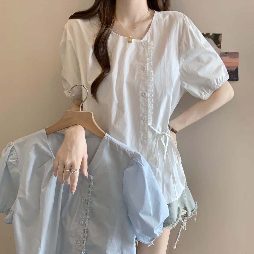 품격 레이스 레이스 패치워크 반팔 여성 셔츠 여름 디자인 센스 작은 대중 Chic 스트랩 허리 수축 맨위 상세 이미지 1