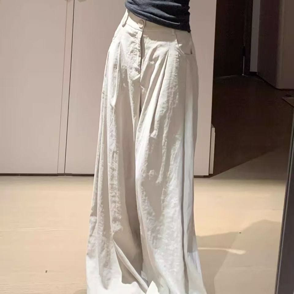 카키 색 정장 바지 여성 새로운 봄 여름 얇은 스타일 루즈핏 bf 느긋한 바람 도루 가을 센스 하이웨이스트 슬림해 보이는 와이드 레그 팬츠 이미지 5
