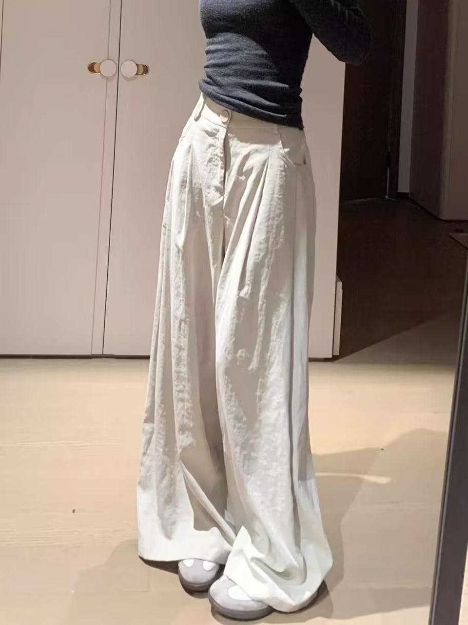 카키 색 정장 바지 여성 새로운 봄 여름 얇은 스타일 루즈핏 bf 느긋한 바람 도루 가을 센스 하이웨이스트 슬림해 보이는 와이드 레그 팬츠 상세 이미지 1
