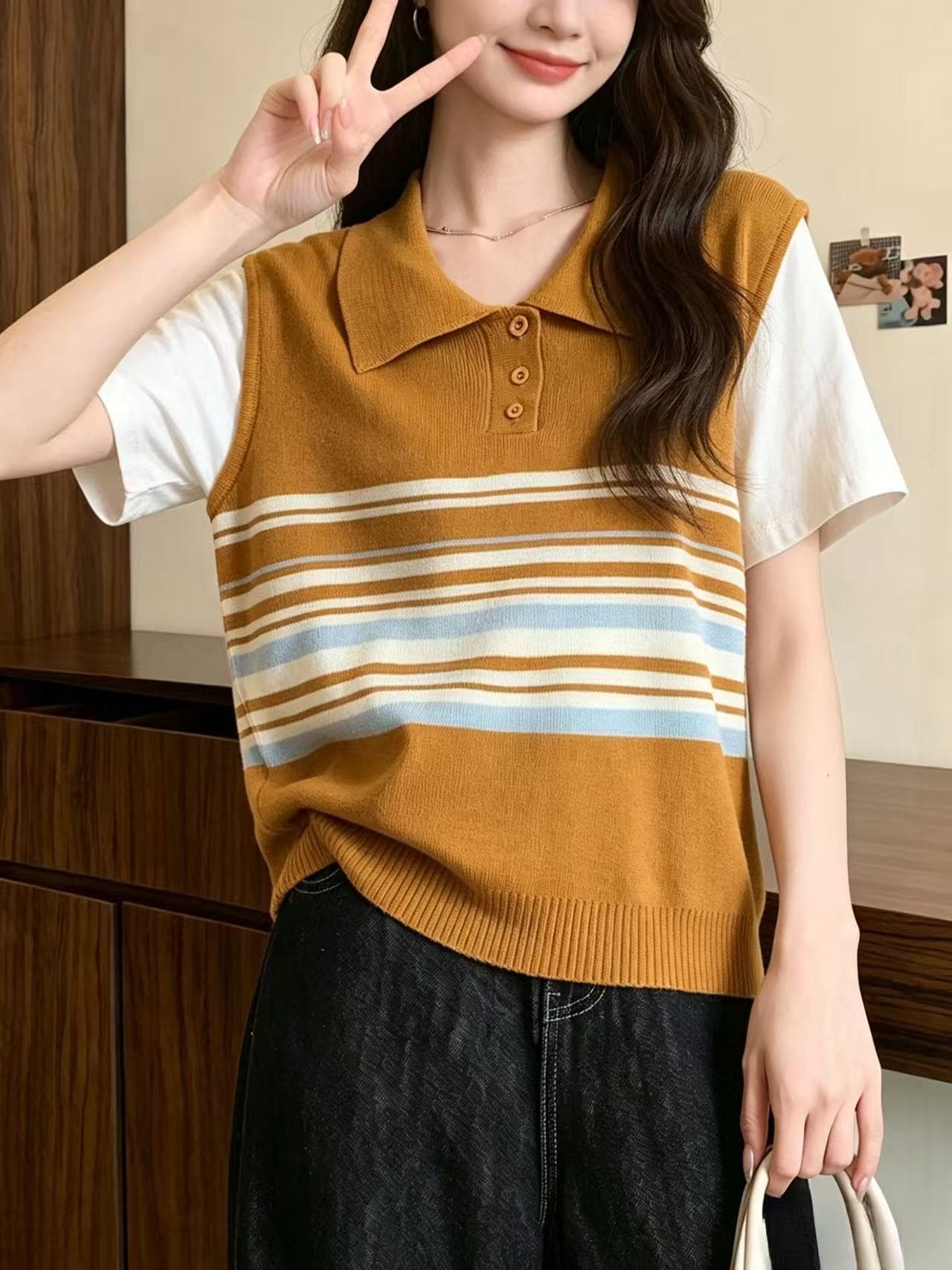 아메리칸 배색 스트라이프 POLO 칼라 반팔 니트 티셔츠 여성 여름 패치워크 페이크 레이어드 루즈핏 맨위 상세 이미지 3