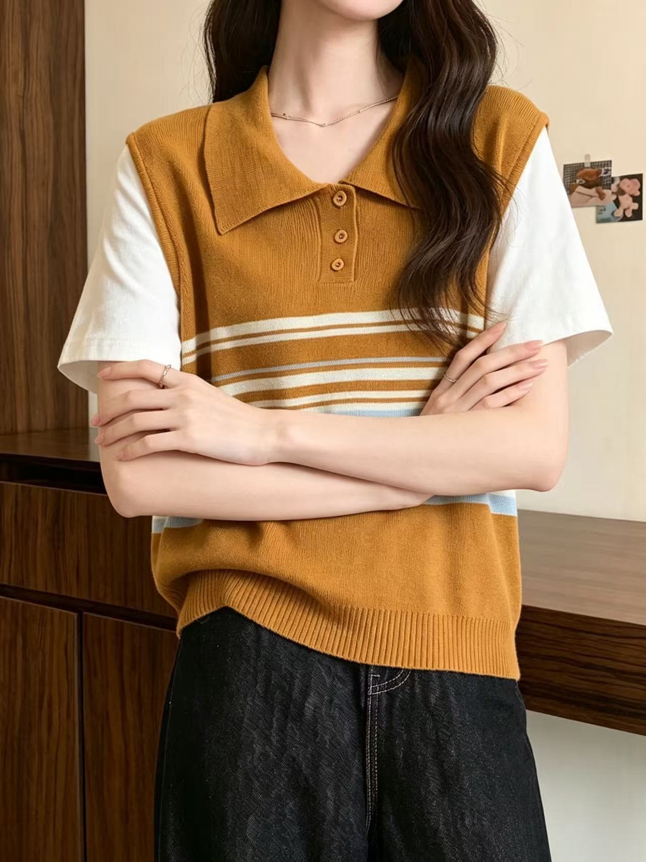아메리칸 배색 스트라이프 POLO 칼라 반팔 니트 티셔츠 여성 여름 패치워크 페이크 레이어드 루즈핏 맨위 상세 이미지 4