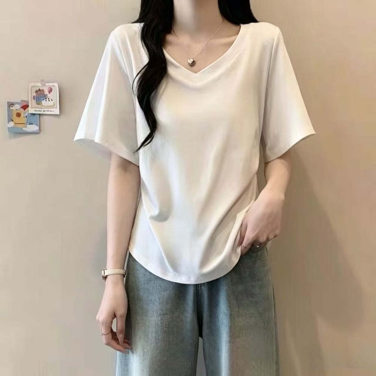 빅 사이즈 느긋한 바람 5 점 소매 V넥 반팔 티셔츠 여성 여름 지방 mm 표지 고기 슬림해 보이는 미니멀리즘 단색 작은 대중 맨위 이미지 4