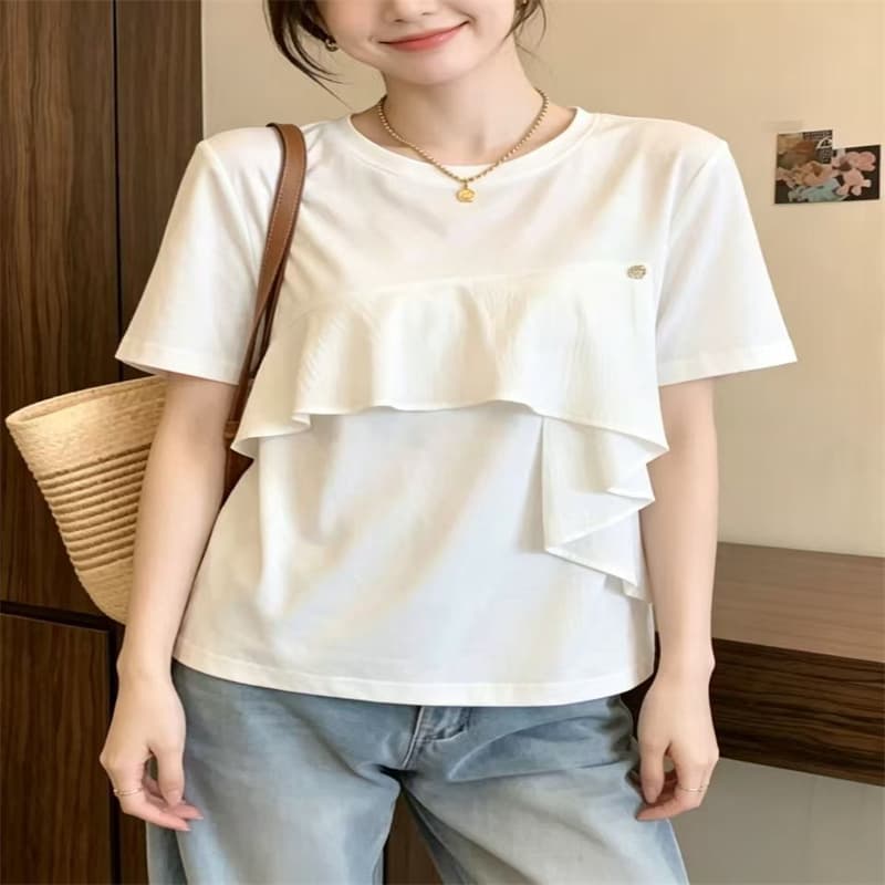 넓은 색상 반팔 프릴 티셔츠 라운드 넥 2026 봄 여름 새로운 여성 디자인 센스 루즈핏 화이트 반소매 맨위 상세 이미지 1