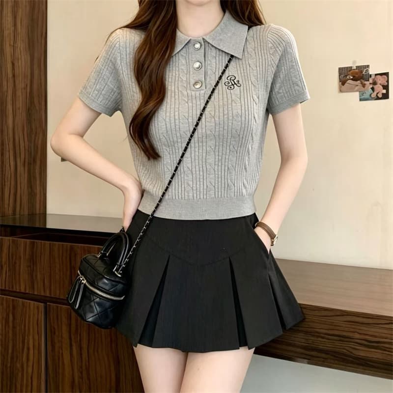 miu 부서 학원 스타일 회색 POLO 칼라 니트 반팔 티셔츠 여성 여름 자수 몸매 가꾸기 품격 폴로 칼라 맨위 상세 이미지 3