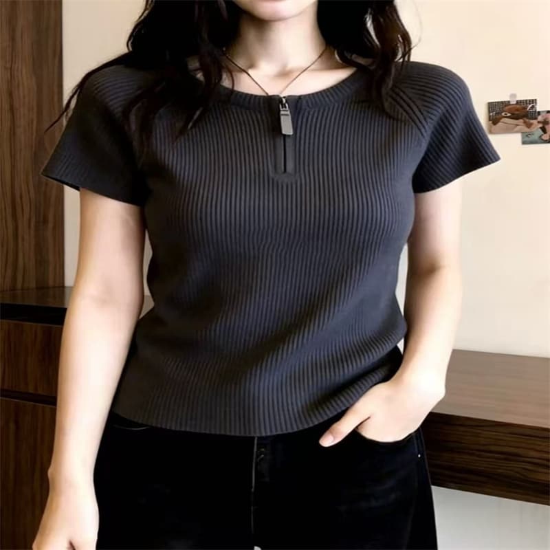 회색 하프 지퍼 반팔 티셔츠 여성 여름 얇은 스타일 빅 사이즈 지방 mm 디자인 센스 긍정적 인 어깨 티셔츠 기본 셔츠 맨위