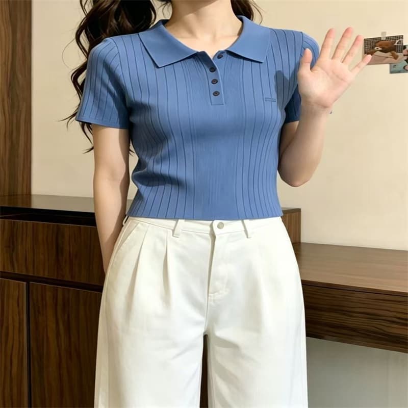 톰 글 래 원인 블루 POLO 칼라 얼음 실크 니트 반팔 티셔츠 여성 여름 한 부서 고유 한 아름다운 몸매 가꾸기 쇼트 스타일 맨위 상세 이미지 4
