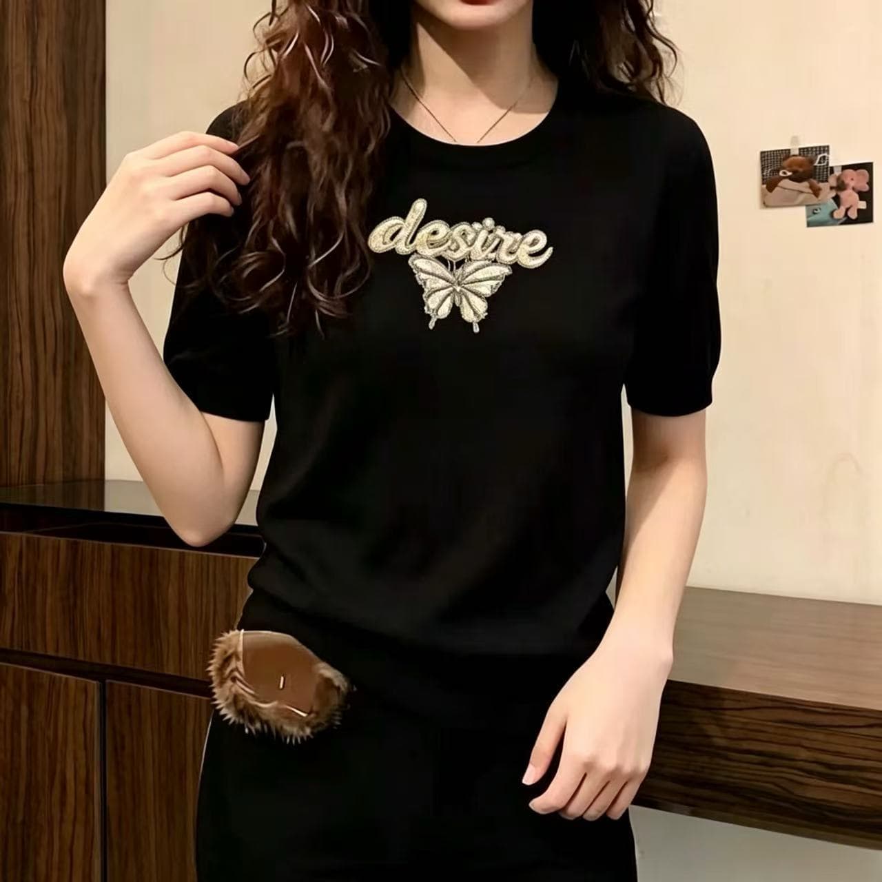 아메리칸 검정색 나비 프린트 작은 대중 반팔 니트 스웨터 여성 2026 여름 새로운 몸매 가꾸기 품격 다용도 맨위 이미지 4