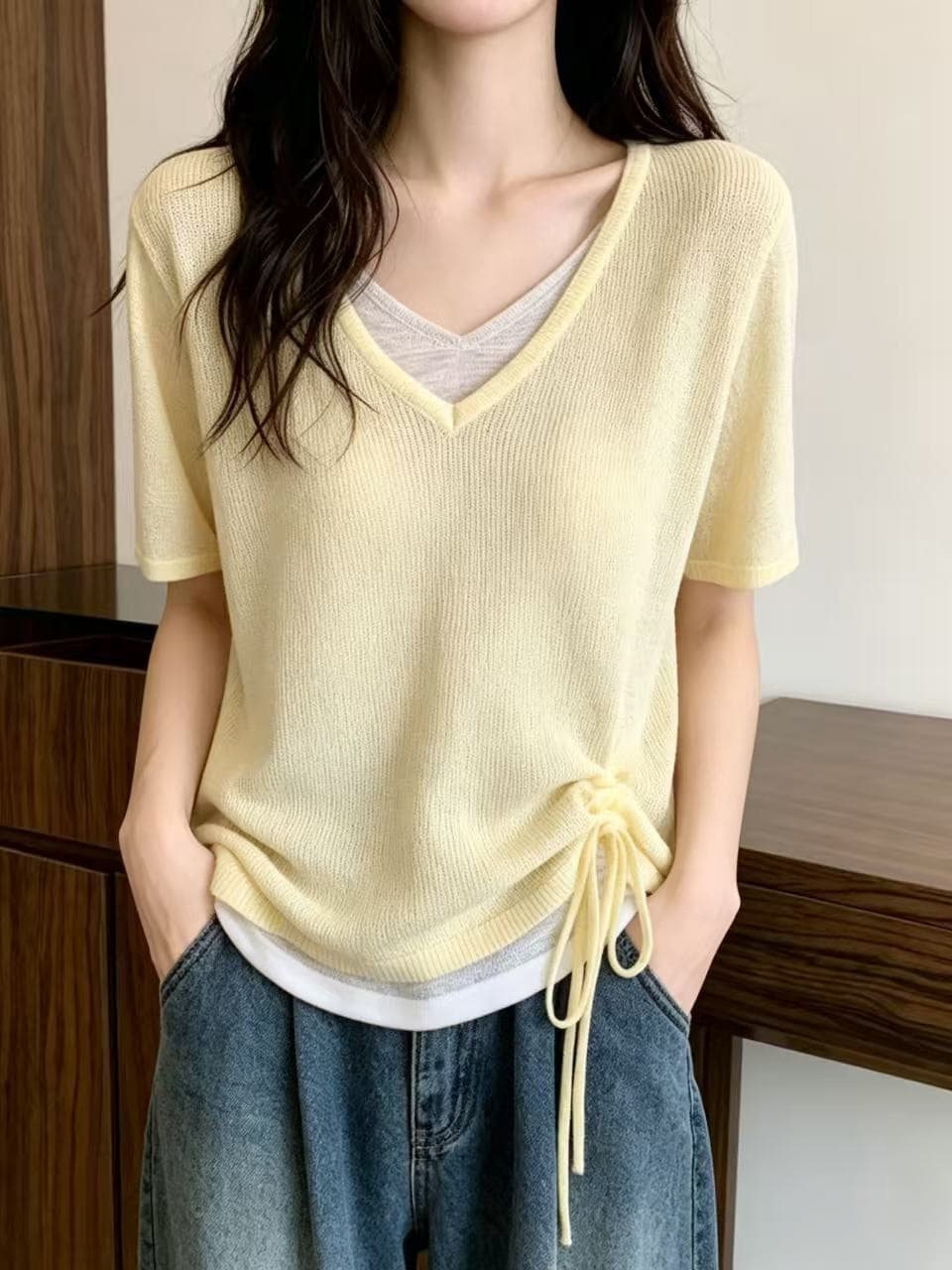 배색 V넥 주름 레이스업 긍정적 인 어깨 니트 반팔 티셔츠 여성 여름 빅 사이즈 지방 mm 캐주얼 표지 배 다용도 맨위 이미지 4