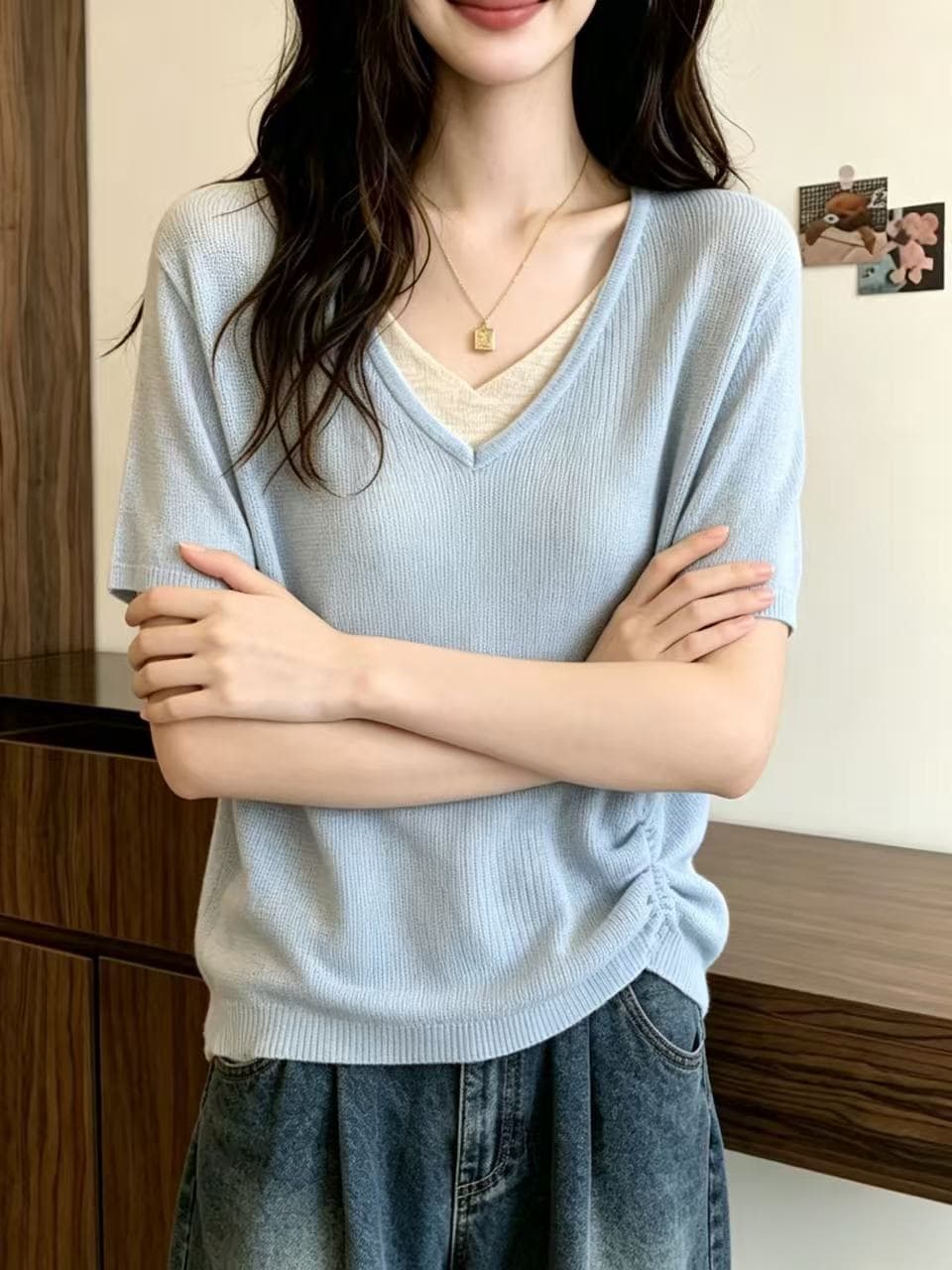 배색 V넥 주름 레이스업 긍정적 인 어깨 니트 반팔 티셔츠 여성 여름 빅 사이즈 지방 mm 캐주얼 표지 배 다용도 맨위 상세 이미지 2