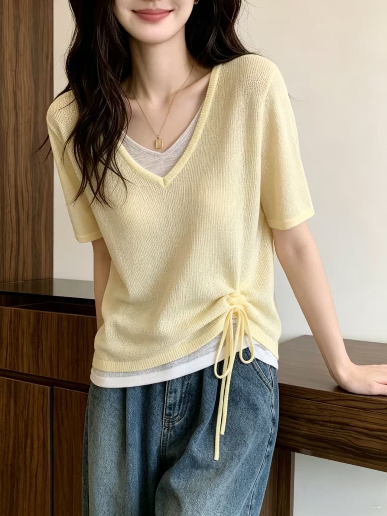 배색 V넥 주름 레이스업 긍정적 인 어깨 니트 반팔 티셔츠 여성 여름 빅 사이즈 지방 mm 캐주얼 표지 배 다용도 맨위 상세 이미지 3