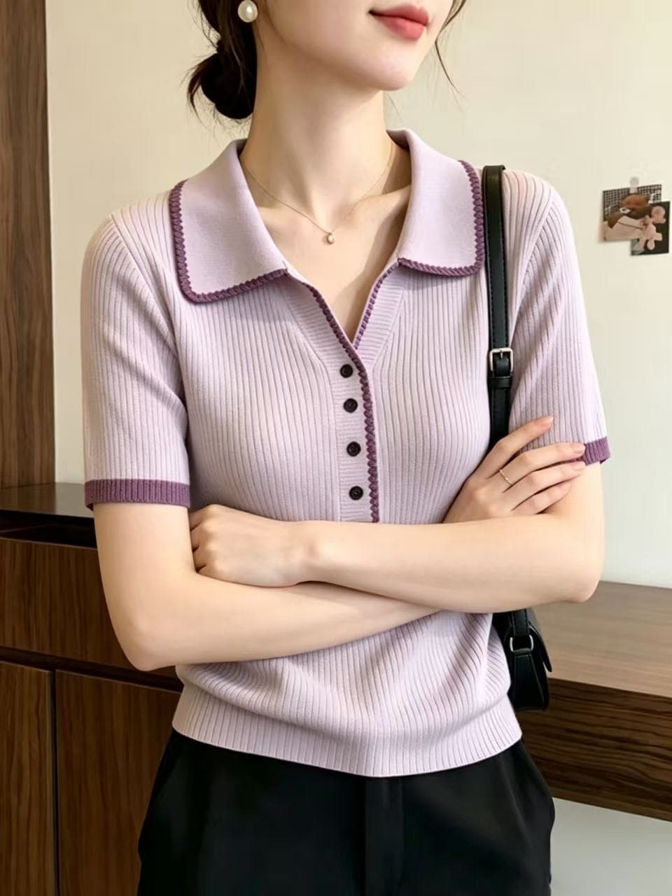 보라색 V넥 반팔 니트 스웨터 여성 여름 빅 사이즈 지방 mm 슬림해 보이는 배색 디자인 센스 POLO 칼라 긍정적 인 어깨 의류 이미지 2