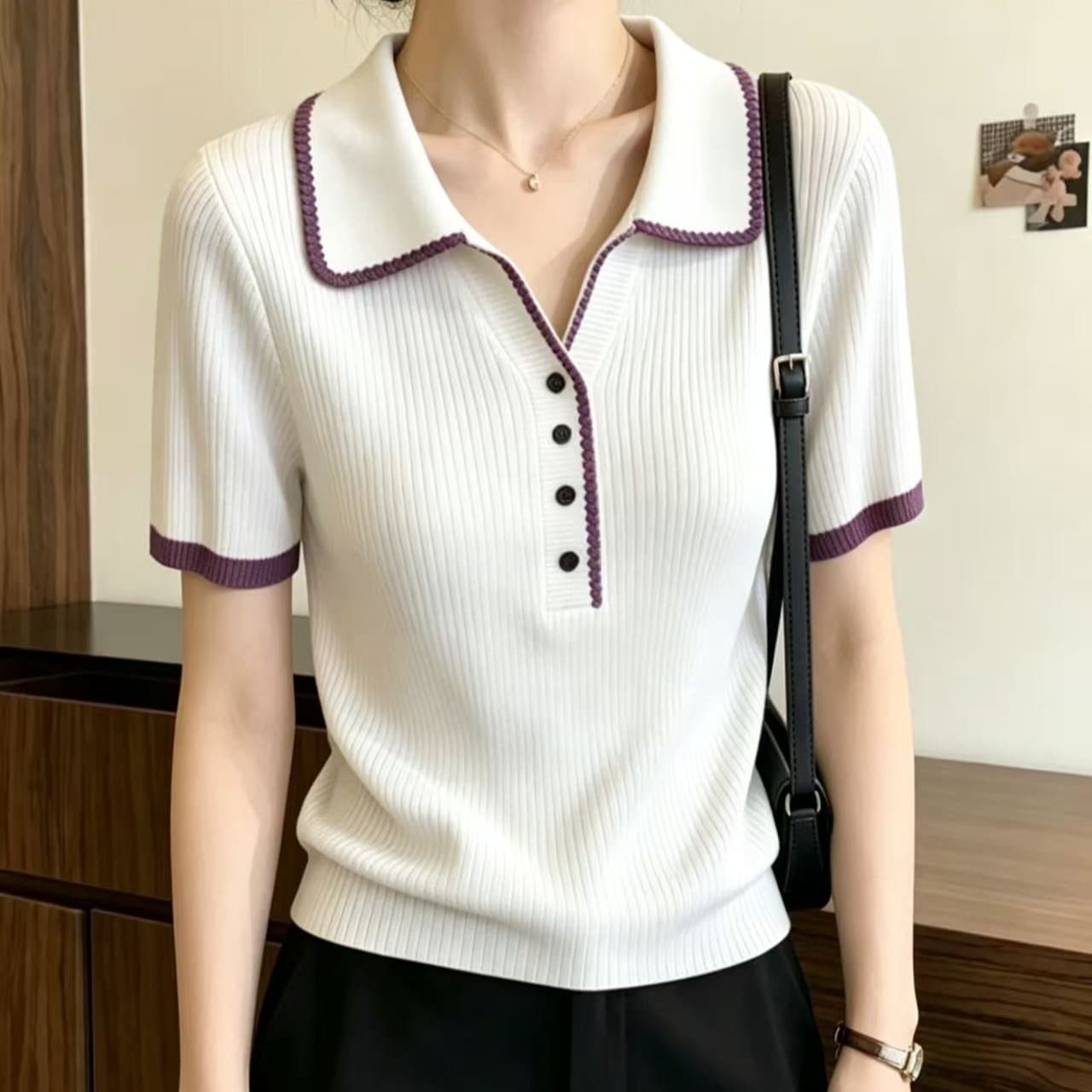 보라색 V넥 반팔 니트 스웨터 여성 여름 빅 사이즈 지방 mm 슬림해 보이는 배색 디자인 센스 POLO 칼라 긍정적 인 어깨 의류 이미지 5