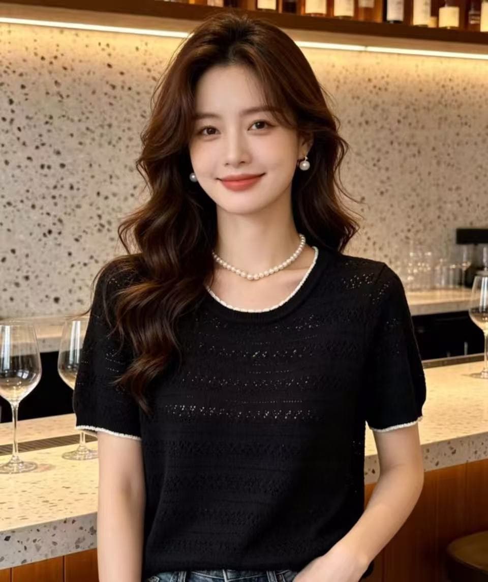 라운드 넥 홀로우 아웃 니트 스웨터 여성 여름 얼음 실크 반팔 티셔츠 루즈핏 인사이드 가져 가라. 외국 가스 맨위 얇은 스타일 니트 티셔츠 상세 이미지 8