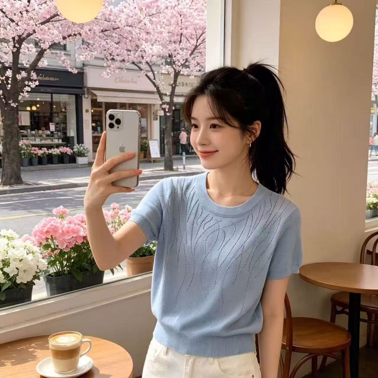 핫픽스 라운드 넥 반팔 니트 스웨터 외국 가스 패션 여성 여름 새로운 품격 다용도 루즈핏 슬림해 보이는 얇은 스타일 맨위 이미지 4