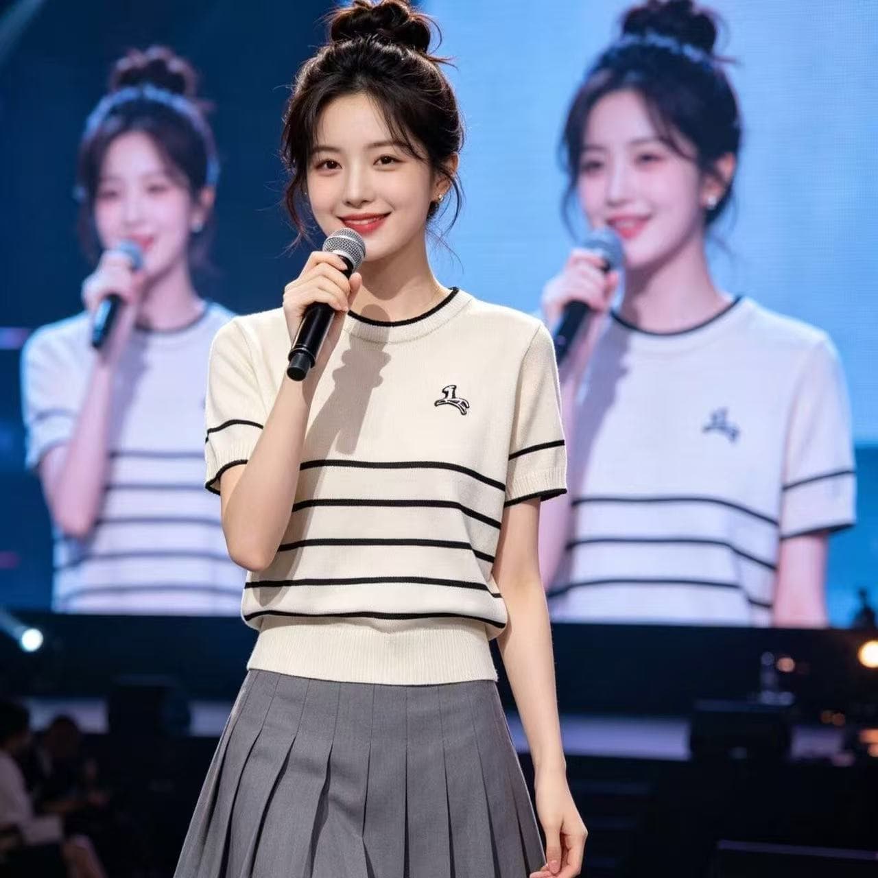 배색 라운드 넥 작은 말 자수 스트라이프 얼음 실크 니트 스웨터 반팔 티셔츠 여성 여름 얇은 새로운 슬림해 보이는 품격 맨위 상세 이미지 4