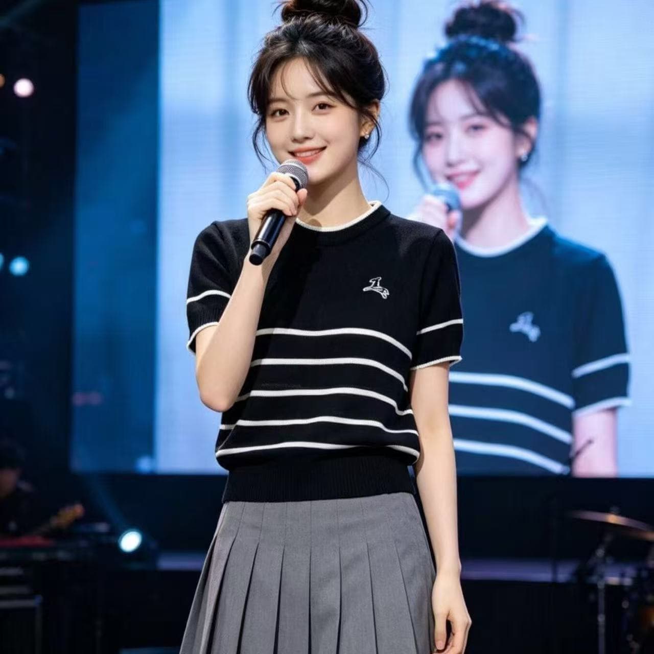 배색 라운드 넥 작은 말 자수 스트라이프 얼음 실크 니트 스웨터 반팔 티셔츠 여성 여름 얇은 새로운 슬림해 보이는 품격 맨위 상세 이미지 6