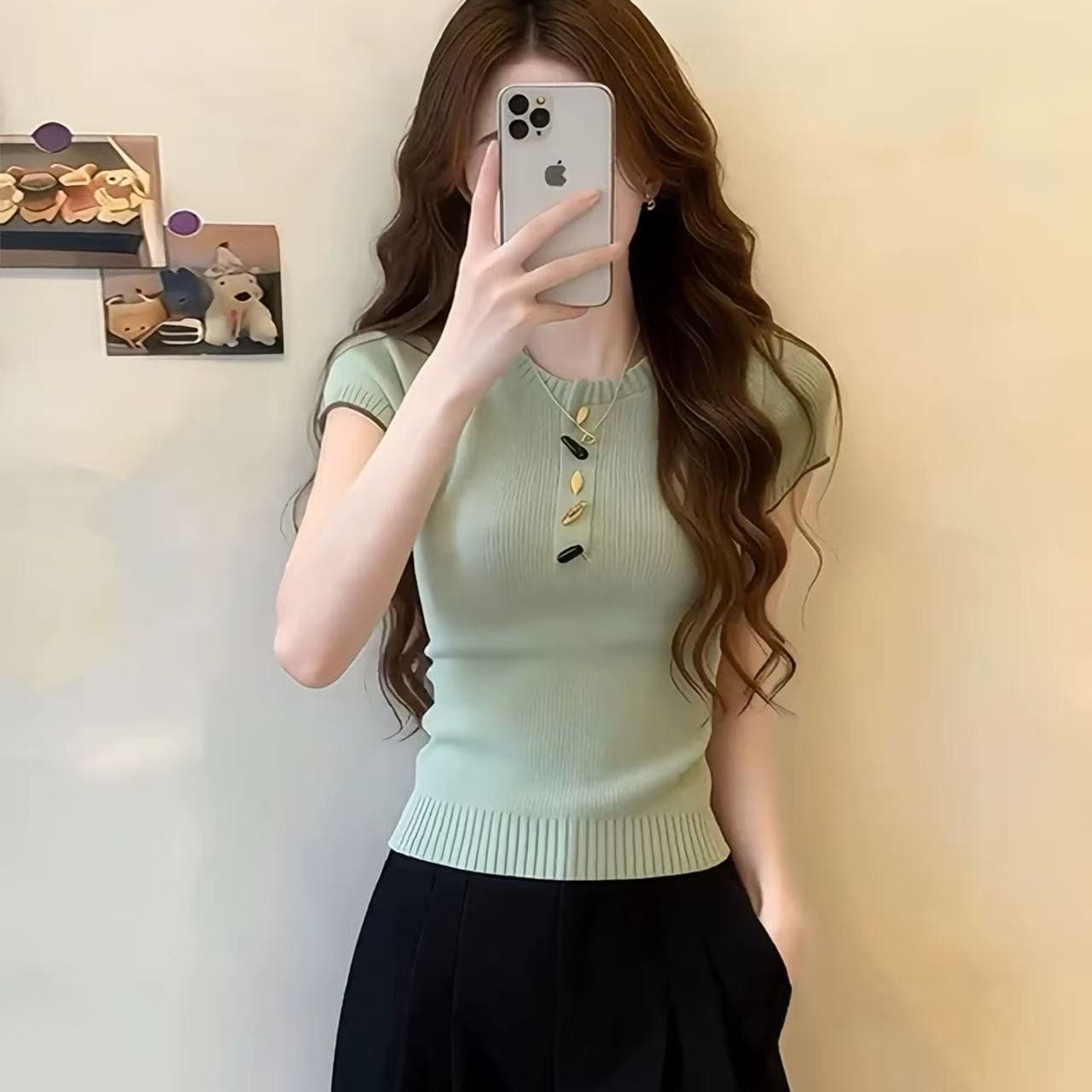 한 부서 디자인 센스 패션 연령 감소 단추 반팔 티셔츠 여성 여름 새로운 몸매 가꾸기 슬림해 보이는 니트 라운드 넥 맨위 이미지 5