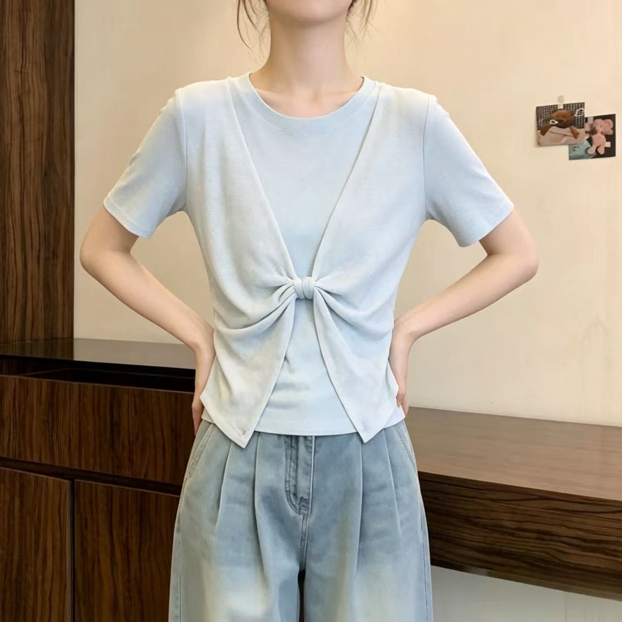 페이크 레이어드 하늘색 긍정적 인 어깨 반팔 티셔츠 여성 2026 여름 새로운 빅 사이즈 지방 mm 루즈핏 표지 배 비틀림 맨위 이미지 2