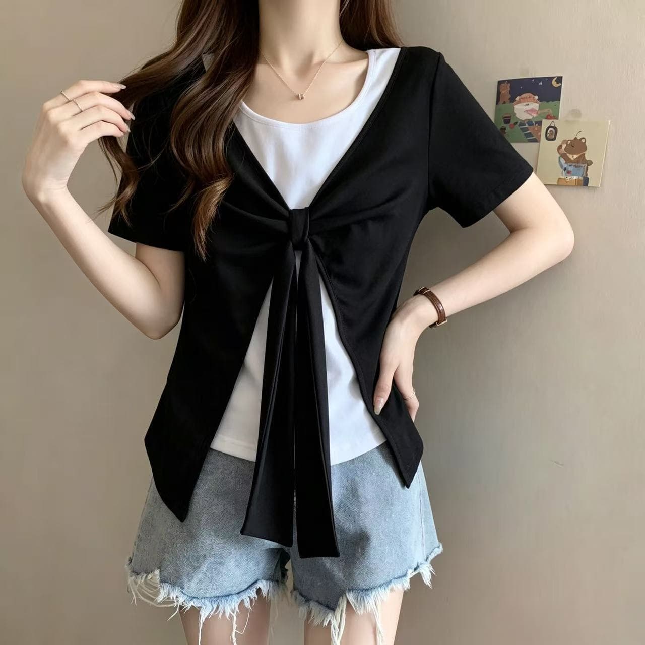 디자인 센스 리본 배색 패치워크 페이크 레이어드 반팔 티셔츠 여성 여름 빅 사이즈 지방 mm 캐주얼 미니멀리즘 슬림해 보이는 맨위 상세 이미지 6