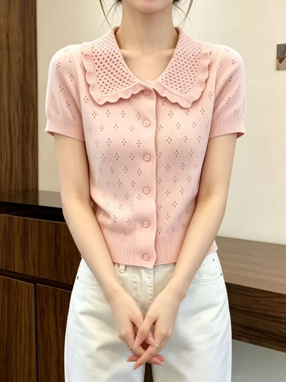 부드러운 바람 핑크색 폴로 칼라 오픈 가디건 스타일 반팔 티셔츠 여성 2026 년 새로운 여름 프랑스식 고유 한 아름다운 맨위 이미지 2