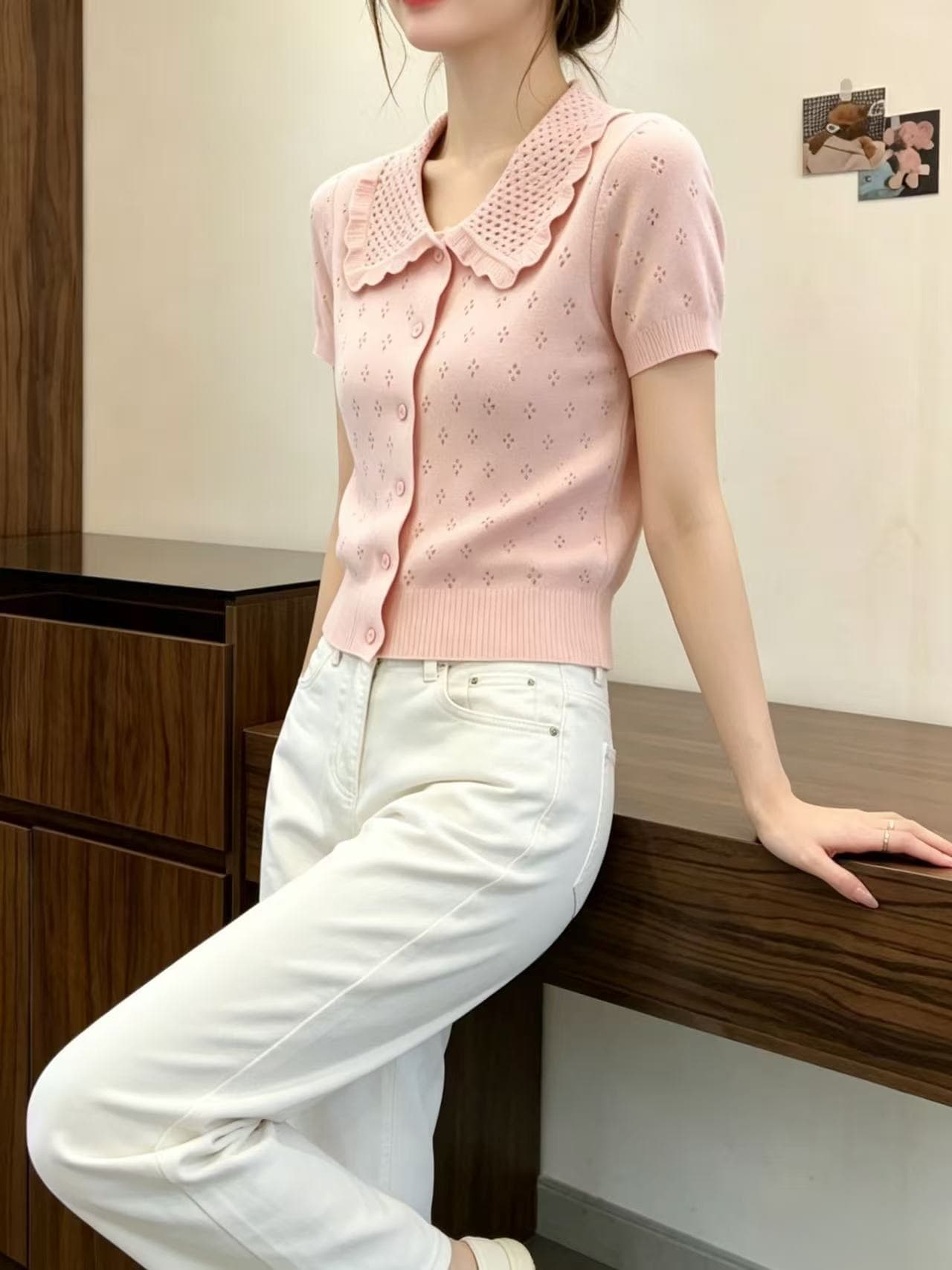 부드러운 바람 핑크색 폴로 칼라 오픈 가디건 스타일 반팔 티셔츠 여성 2026 년 새로운 여름 프랑스식 고유 한 아름다운 맨위 상세 이미지 3