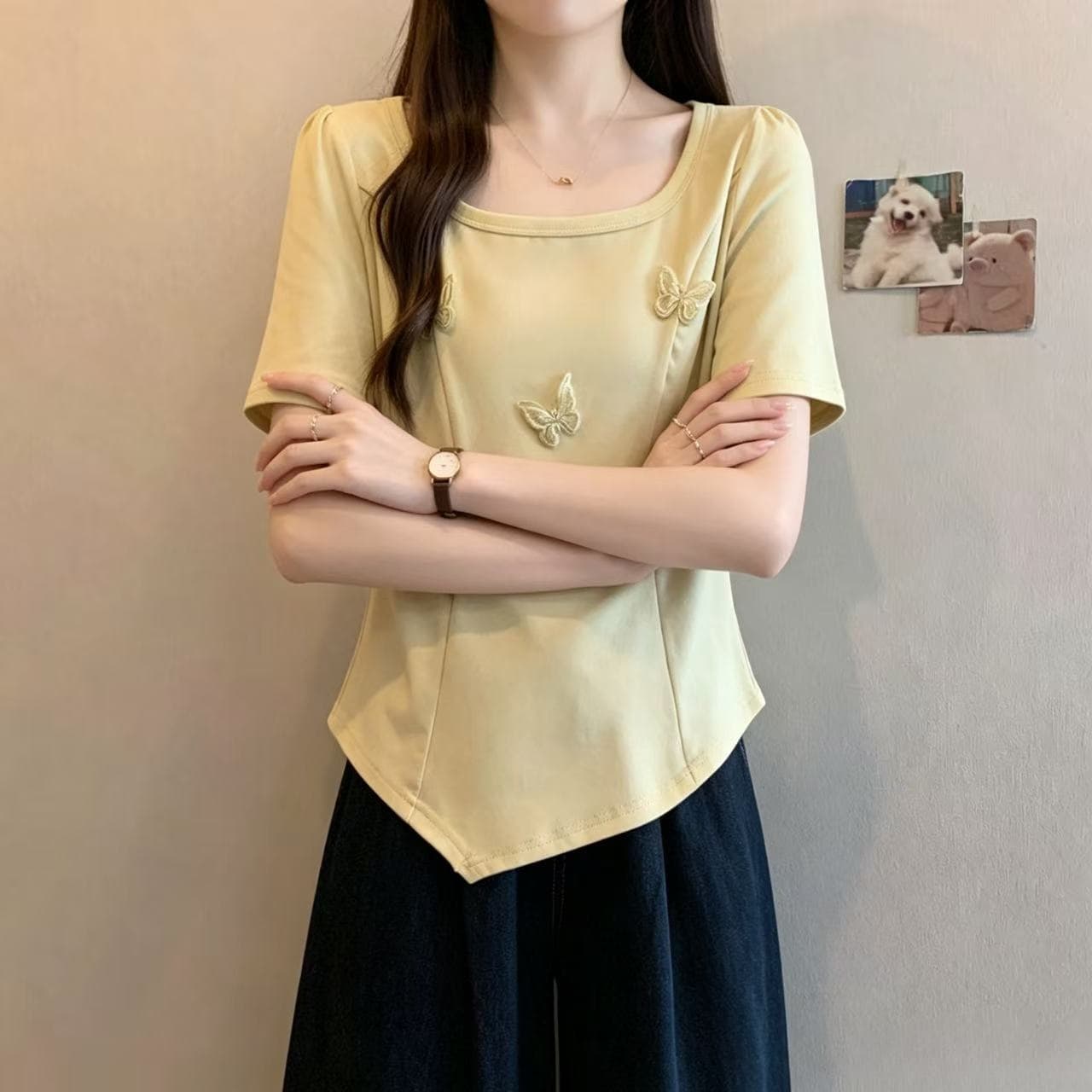 빅 사이즈 지방 mm 순면 3 차원 나비 불규칙 반팔 티셔츠 여성 여름 새로운 슬림해 보이는 Chic 표지 배 맨위 상세 이미지 3