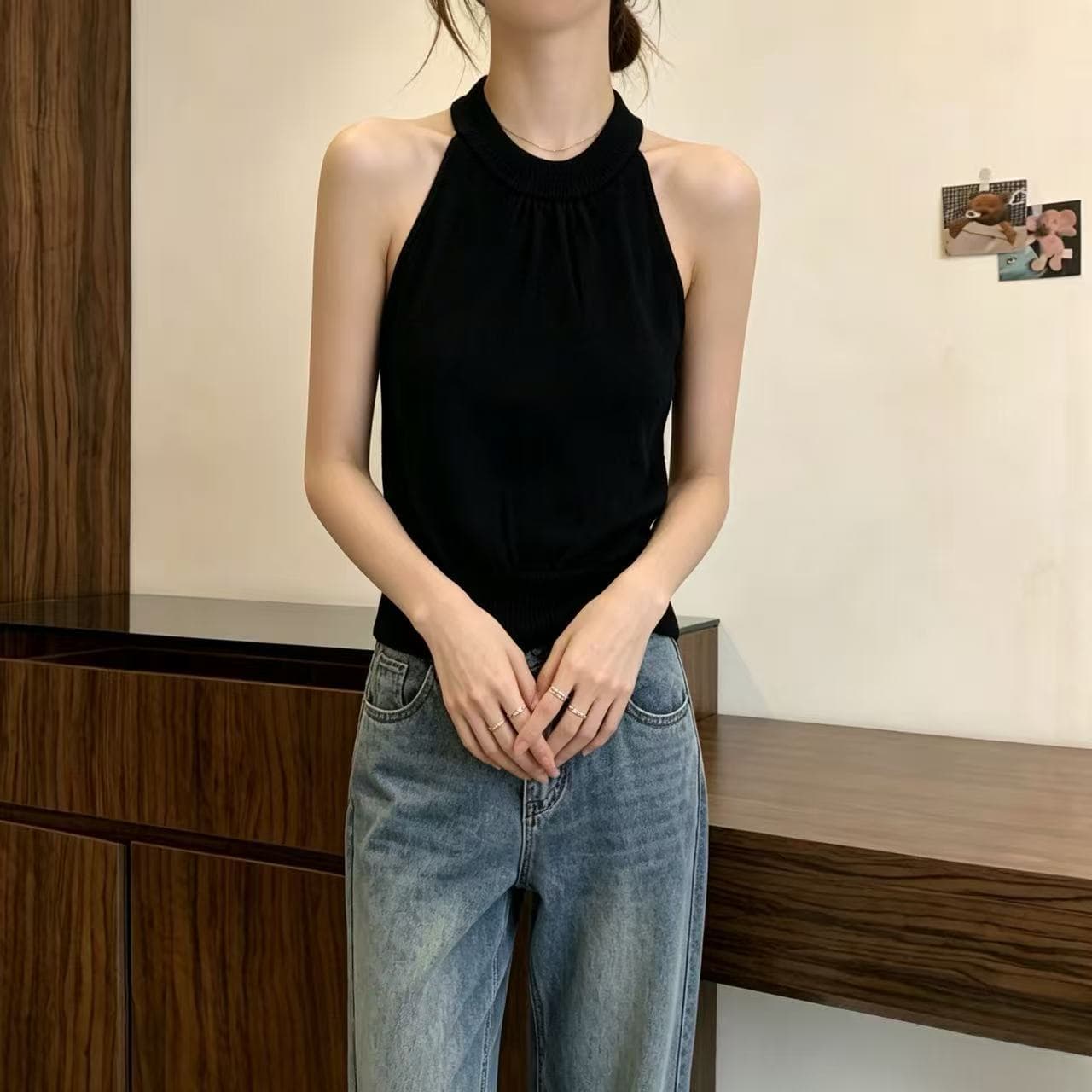 행침 목 오프숄더 민소매 니트 캐미솔 여름 2026 새로운 허리 수축 주름 오래된 돈 바람 착용 잡아라. 의류 이미지 2