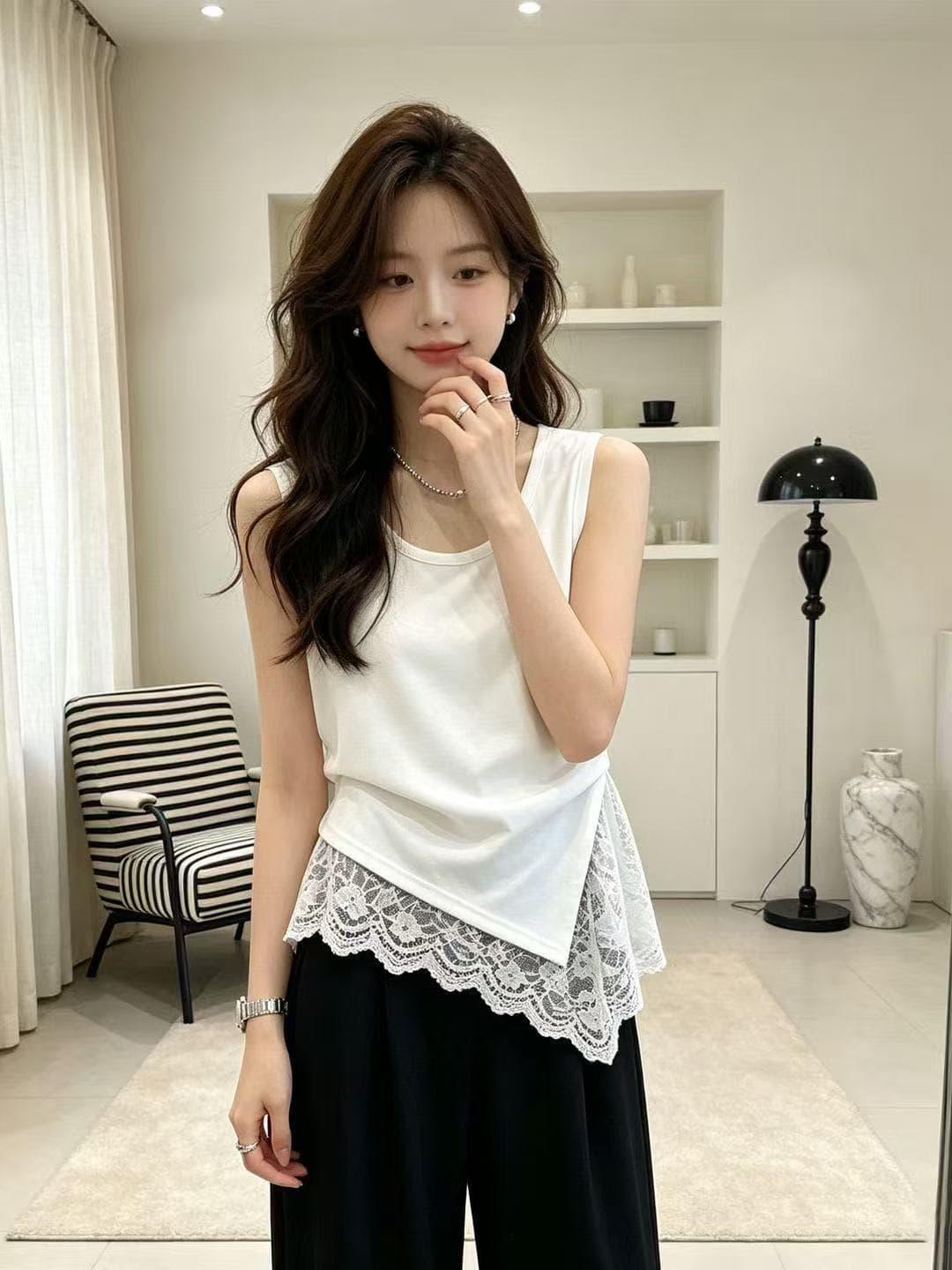 화이트 티셔츠 여성 조끼 2026 새로운 여름 불규칙 레이스 조각 펌프 로프 작은 대중 디자인 센스 ins 맨위 상세 이미지 3