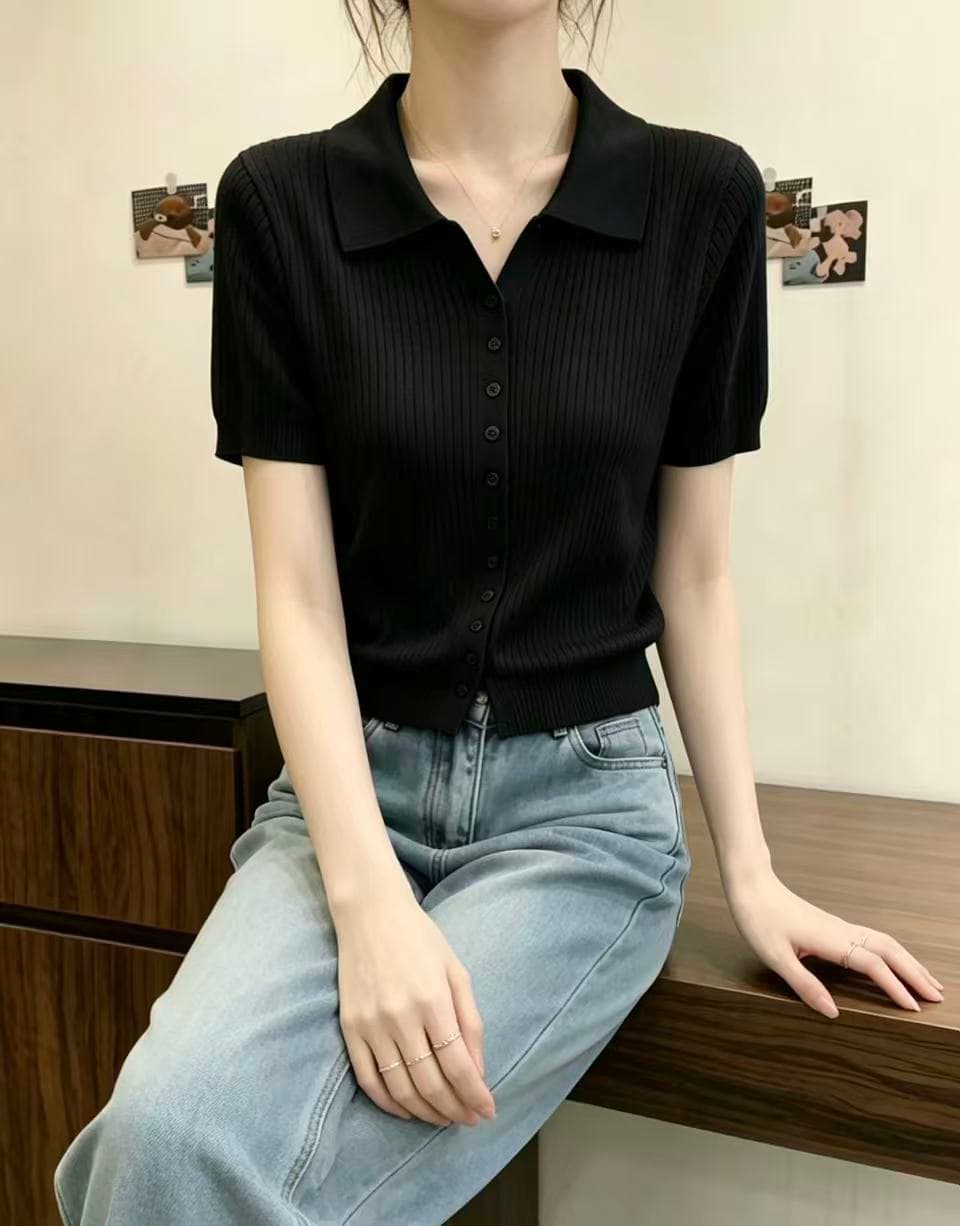 여름 2026 새로운 루즈핏 POLO 칼라 얼음 실크 니트 오픈 가디건 여성 의류 폴로 칼라 디자인 반팔 티셔츠 맨위 얇은 상세 이미지 17