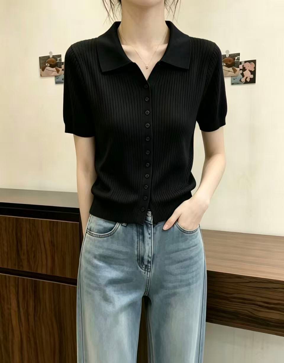 여름 2026 새로운 루즈핏 POLO 칼라 얼음 실크 니트 오픈 가디건 여성 의류 폴로 칼라 디자인 반팔 티셔츠 맨위 얇은 상세 이미지 19