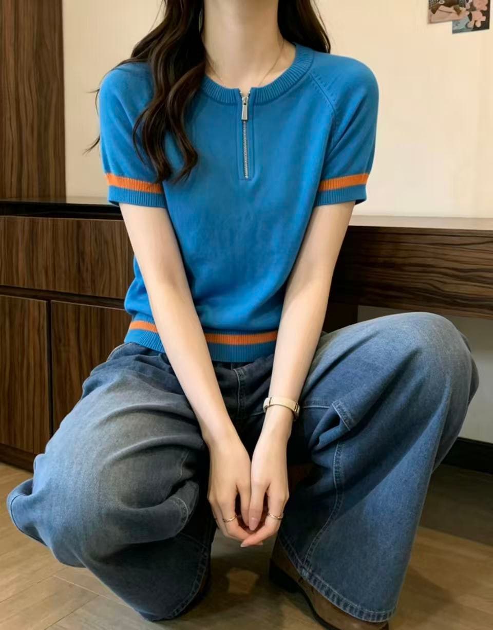 여름 새로운 한국 스타일 빛 럭셔리 여성 의류 패션 품격 트렌드 다용도 슬림해 보이는 반팔 니트 티셔츠 맨위 폭발 상세 이미지 5