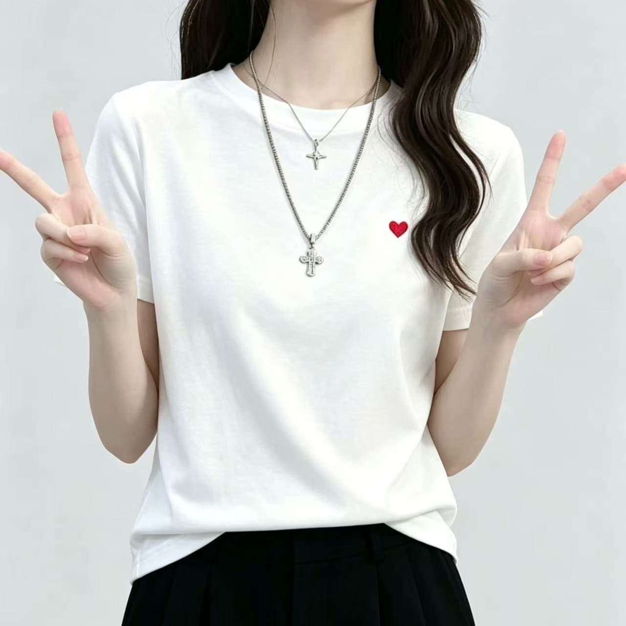 한 부서 자수 하트 미니멀리즘 캐주얼 바람 라운드 넥 반팔 티셔츠 여성 다용도 외국 가스 디자인 센스 슬림해 보이는 맨위 면 이미지 5