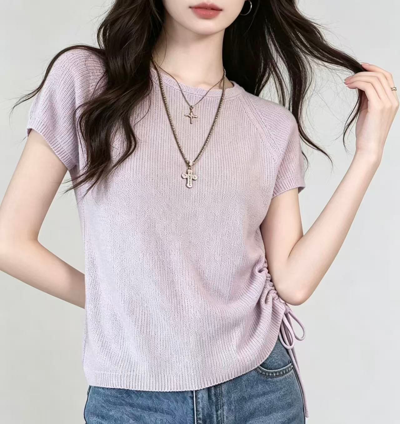 한 부서 레이스 라운드 넥 홀로우 아웃 측면 펌프 로프 니트 반팔 여성 여름 미니멀리즘 얇은 스타일 부드럽다 ~을 통해 절대 작은 셔츠 맨위 이미지 3