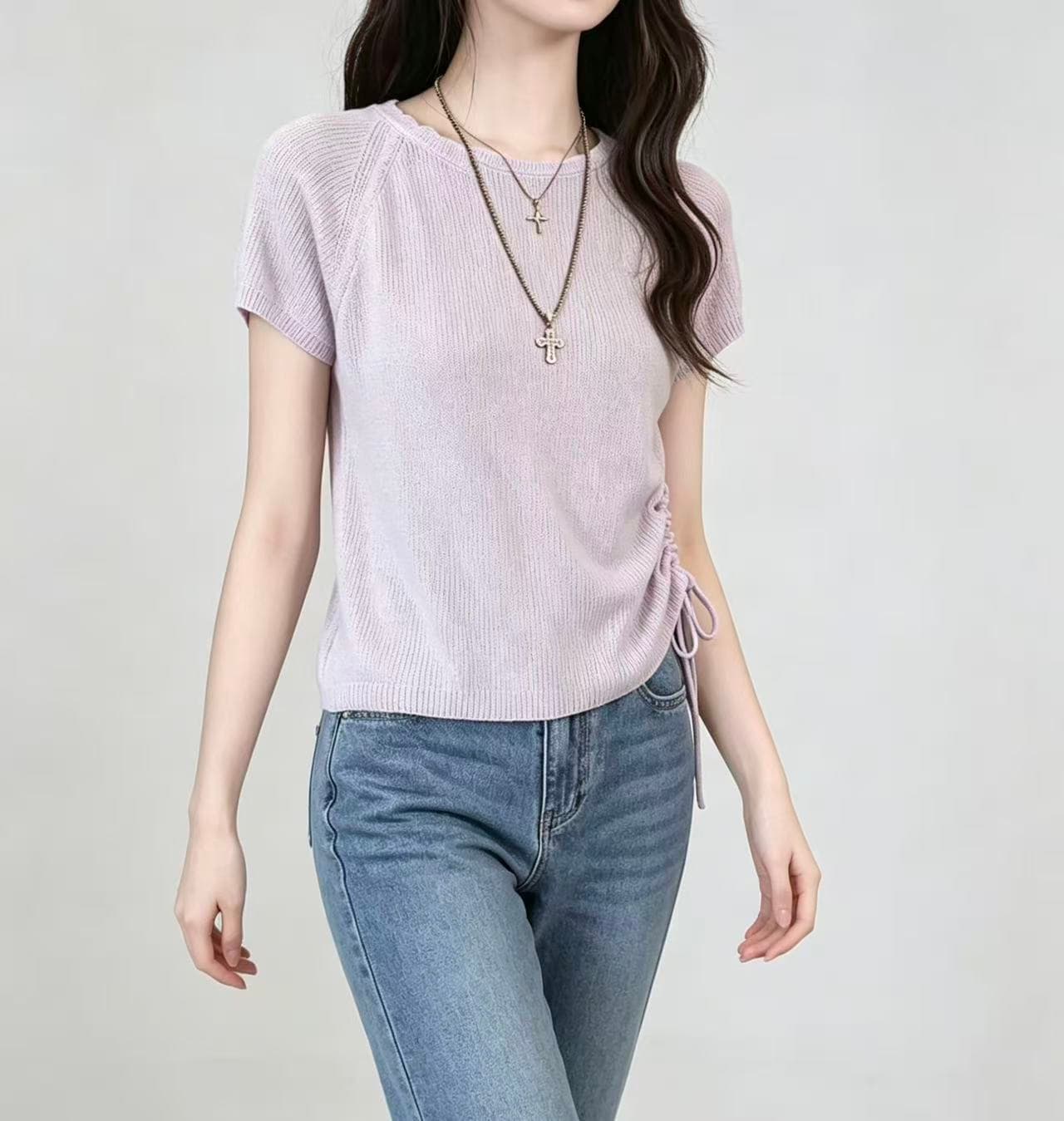 한 부서 레이스 라운드 넥 홀로우 아웃 측면 펌프 로프 니트 반팔 여성 여름 미니멀리즘 얇은 스타일 부드럽다 ~을 통해 절대 작은 셔츠 맨위 상세 이미지 3