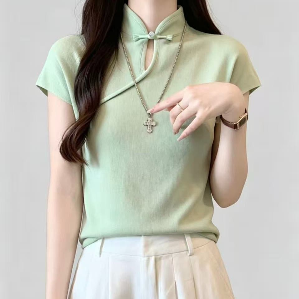 새로운 중식 국풍 스탠드 칼라 단추 Feifei 소매 짠 셔츠 여성 여름 얇은 스타일 품격 다용도 슬림해 보이는 반팔 맨위 이미지 5