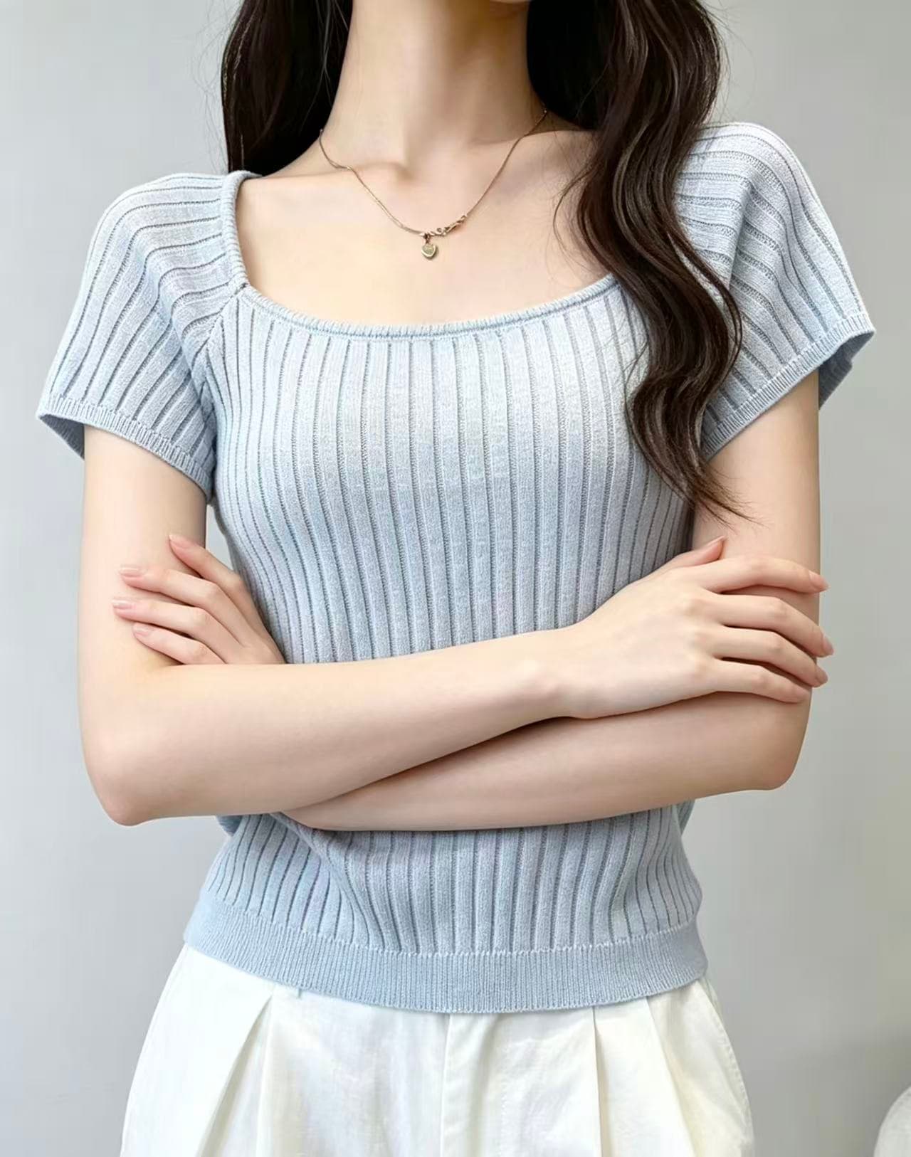 구덩이 스트라이프 펌프 로프 니트 티셔츠 부드러운 우유 파란색 신선함 소녀 센스 단색 세련된 다용도 맨위 이미지 3