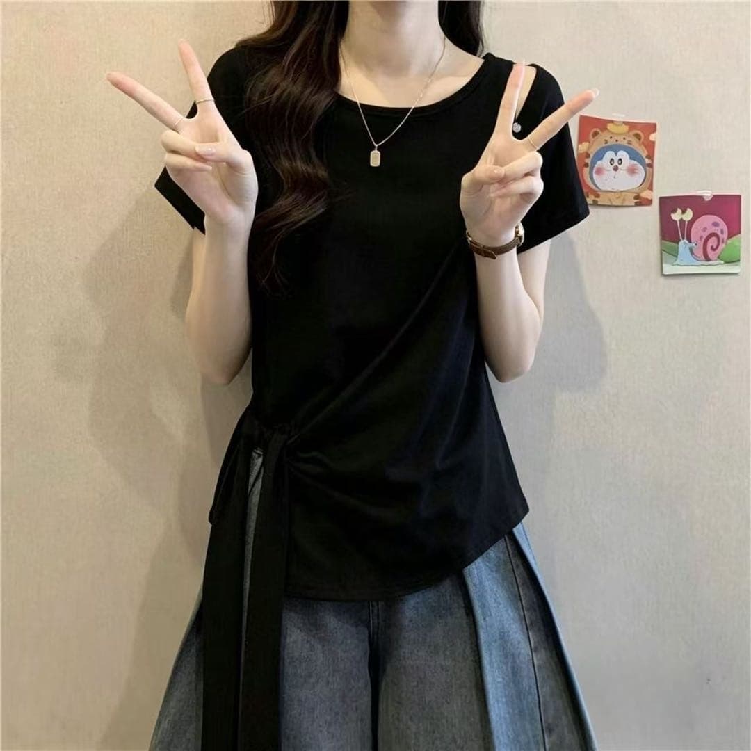 빅 사이즈 여성 의류 표지 배 불규칙 스트랩 긍정적 인 어깨 반팔 티셔츠 여성 통통한 여동생 슬림해 보이는 표지 고기 Chic 맨위 이미지 2