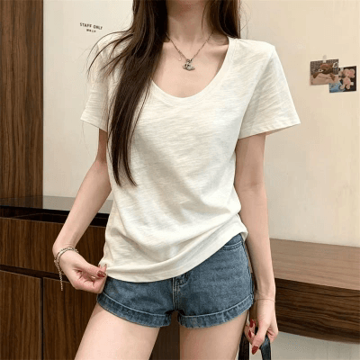 느슨함 센스 대 u 칼라 대나무 마디 면 반팔 여성 티셔츠 새로운 여름 루즈핏 캐주얼 V넥 긍정적 인 어깨 반소매 티셔츠 이미지 4