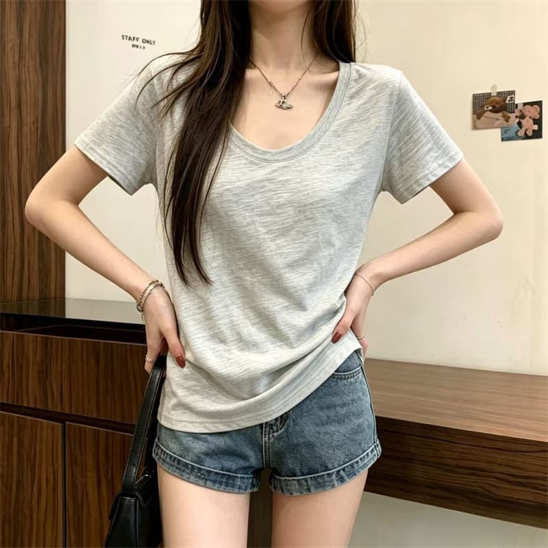 느슨함 센스 대 u 칼라 대나무 마디 면 반팔 여성 티셔츠 새로운 여름 루즈핏 캐주얼 V넥 긍정적 인 어깨 반소매 티셔츠 상세 이미지 7