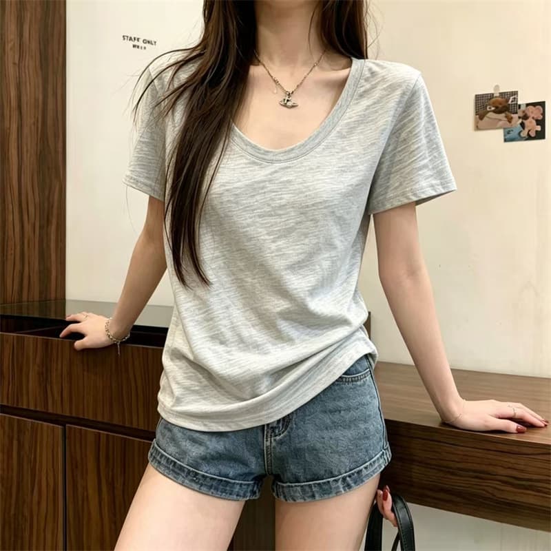 느슨함 센스 대 u 칼라 대나무 마디 면 반팔 여성 티셔츠 새로운 여름 루즈핏 캐주얼 V넥 긍정적 인 어깨 반소매 티셔츠 상세 이미지 8
