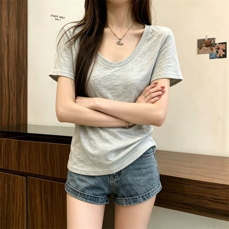 느슨함 센스 대 u 칼라 대나무 마디 면 반팔 여성 티셔츠 새로운 여름 루즈핏 캐주얼 V넥 긍정적 인 어깨 반소매 티셔츠 상세 이미지 10