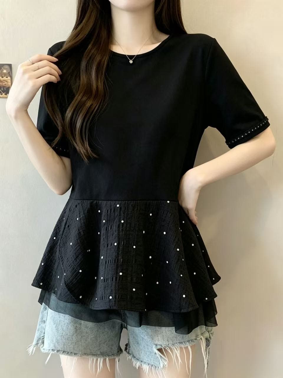 빅 사이즈 프릴 도트 무늬 인형 셔츠 표지 배 반팔 티셔츠 여성 여름 지방 mm 루즈핏 슬림해 보이는 다용도 맨위 상세 이미지 3