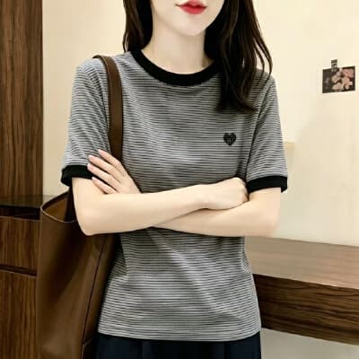 2026 여름 새로운 한국 스타일 다용도 스트라이프 하트 자수 반팔 티셔츠 여성 셔츠 마이크로 지방 우호적 인 표지 고기 착용 가져 가라. 이미지 2