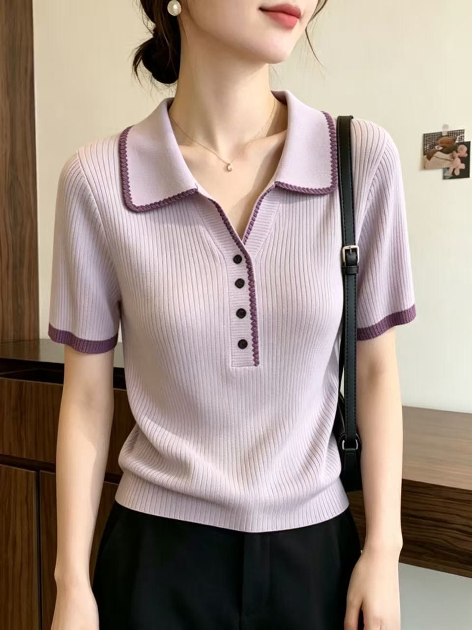 보라색 V넥 반팔 니트 스웨터 여성 여름 빅 사이즈 지방 mm 슬림해 보이는 배색 디자인 센스 POLO 칼라 긍정적 인 어깨 의류 상세 이미지 3