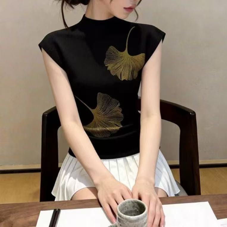검정색 니트 반팔 티셔츠 여성 여름 인사이드 가져 가라. 프린트 다용도 어깨 동정 올해 인기 아름다운 ~ 중 맨위 상세 이미지 6
