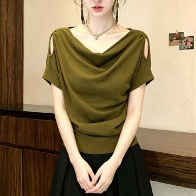 디자인 센스 흔들다 칼라 반팔 티셔츠 여성 여름 2026 새로운 빅 사이즈 지방 mm 고유 한 아름다운 자이언트 잘 생긴 오프숄더 맨위 이미지 3