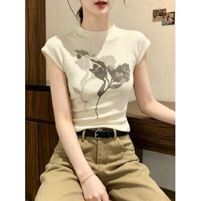 하프 높음 라운드 넥 프린트 반팔 니트 티셔츠 여성 여름 새로운 허리 수축 몸매 가꾸기 슬림해 보이는 신축성 맨위 이미지 3