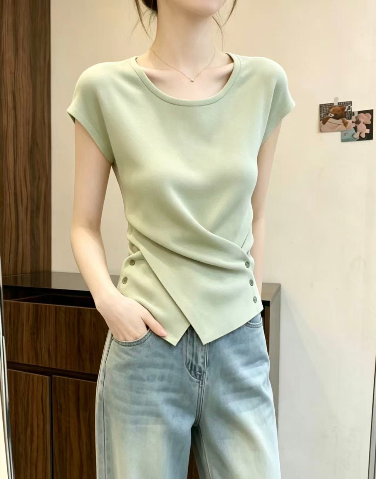 빅 사이즈 지방 mm 프랑스식 불규칙 반팔 티셔츠 여성 여름 새로운 외국 가스 연령 감소 슬림해 보이는 표지 고기 다용도 맨위