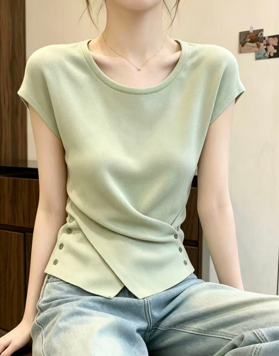 빅 사이즈 지방 mm 프랑스식 불규칙 반팔 티셔츠 여성 여름 새로운 외국 가스 연령 감소 슬림해 보이는 표지 고기 다용도 맨위 상세 이미지 4